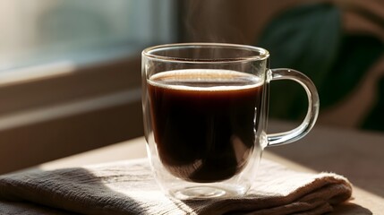 Fototapeta premium A warm coffee cup with rising steam rests on a wooden surface creating a cozy and tranquil morning atmosphere