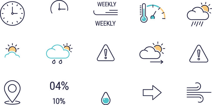 Weather and schedule icon vector set with clock time temperature gauge sun rain wind and alert exclamation symbols