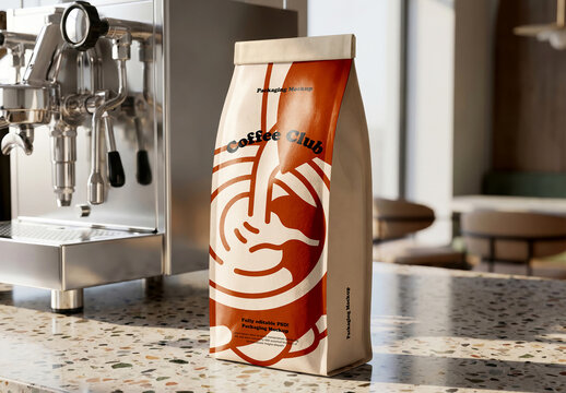 Flat Bottom Coffee Pouch on Counter Mockup