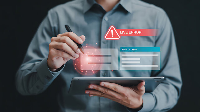 Man with stylus interacting with holographic error alert and status windows on a tablet device
