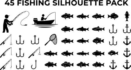 Collection of diverse black silhouette icons representing fishing equipment fish and nautical anchors © Ranasa