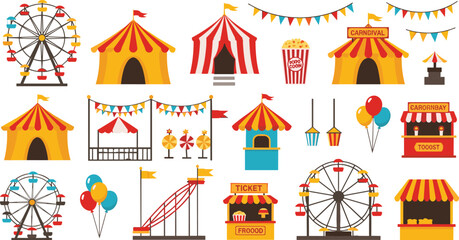 Amusement park elements vector set with circus tents ferris wheels carnival booths roller coaster balloons and festive bunting flags on white background © Kulsum