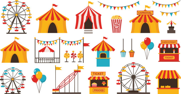 Amusement park elements vector set with circus tents ferris wheels carnival booths roller coaster balloons and festive bunting flags on white background