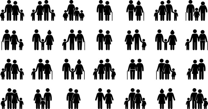 Collection of diverse family groups and generations represented by simple stick figure icons