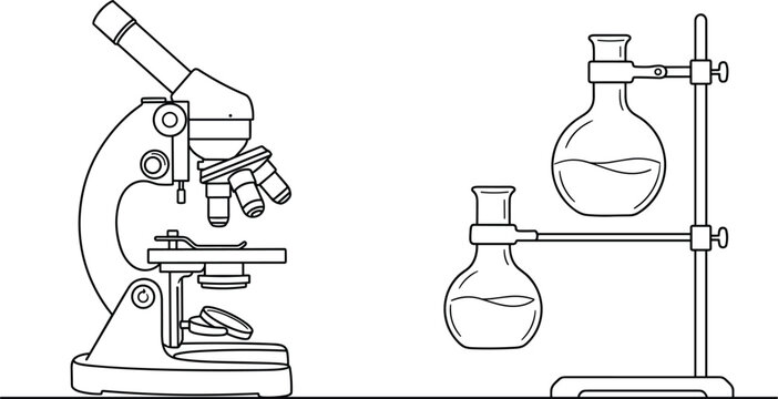 Continuous One Line Drawing Of Optical Microscope And Chemistry Flasks On Stand For Biology Lab Science Research Education Vector Illustration