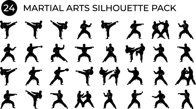 Martial Arts Silhouette Pack &ndash; Karate, Taekwondo, Kung Fu and MMA Fighter Action Poses Vector Set
