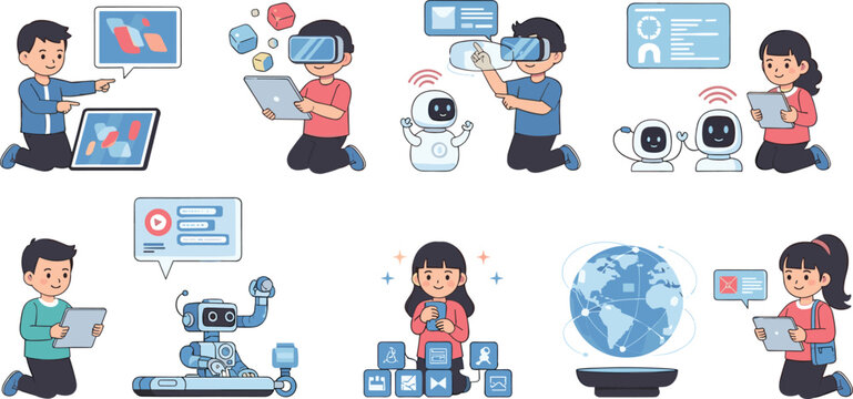 Children learning with artificial intelligence robots virtual reality headsets and digital tablets for modern online school education concept