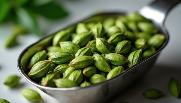 Green cardamom pods rest in metal scoop with scattered seeds on white surface. Spice used in cooking baking beverages, aromatic flavor ingredient for recipes.