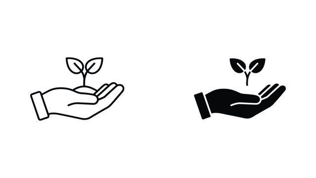 Human hand holding small growing plant sprout vector icon set isolated on white