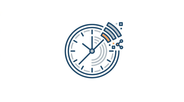 Digital clock face with signal waves and data icons.