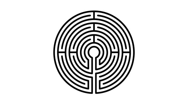 Black and white circular labyrinth maze design on white background