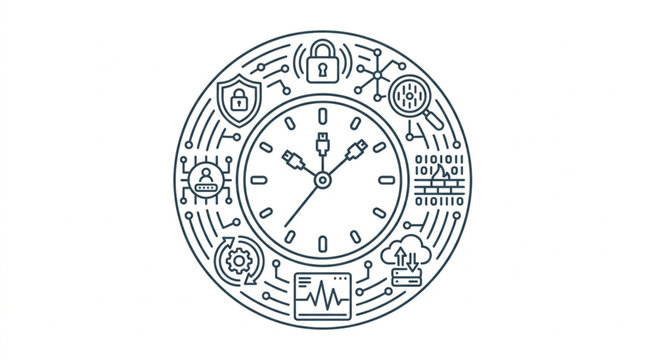 Digital Clock with Cybersecurity Icons and Binary Code.