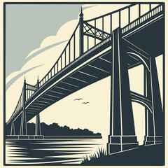 Fototapeta premium Sturdy steel suspension bridge over river landscape graphic illustration with suspension architecture landscape