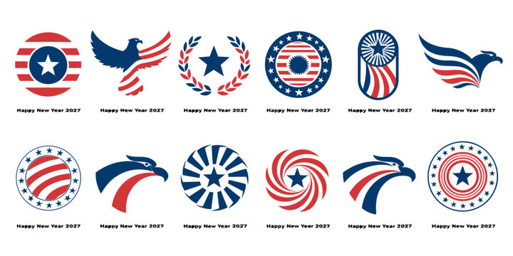 Patriotic happy new year 2027 badge set featuring eagles stars and american flag inspired graphics patriotic american celebration illustration national collection greeting calendar