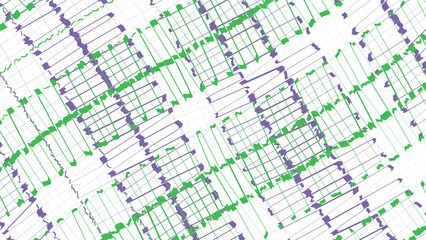 Fototapeta premium Aerial view of urban city grid with green highlighted route on detailed street map layout