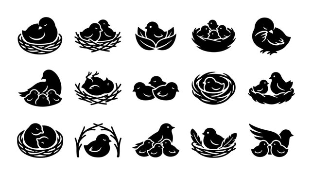 Minimalist bird nest icons set, black silhouette bird family vector illustrations, 15 nature symbols for wildlife branding and logo design