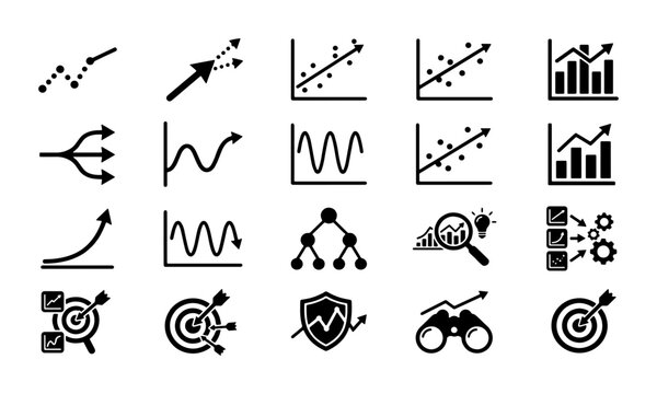 Data analysis icons set, 20 business chart and graph vector symbols, financial growth and predictive analytics illustrations for corporate reports