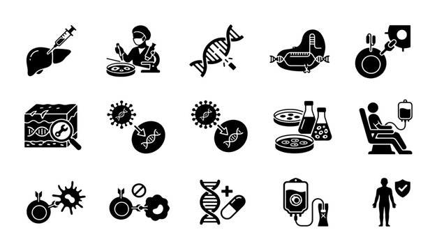 Biotechnology and gene therapy icon set, medical research vector elements, 15 black solid icons for laboratory science and healthcare