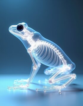 Transparent frog skeleton shows internal anatomy, bones, limbs, and joints. Detailed x-ray view of amphibian structure, medical science or biology illustration.