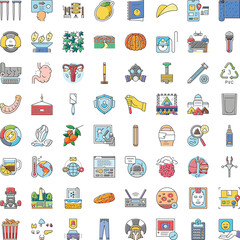 Diverse colorful line icon set with editable strokes showcasing medicine, industry, health, technology, food and everyday lifestyle symbols for ui, web and app design contexts © vectorwin