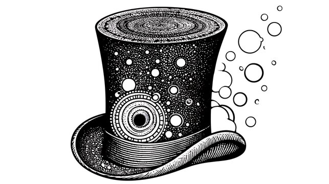 Stippled illustration of a magical top hat with cosmic patterns isolated on white background