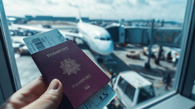 Close up of hand holding passport and boarding pass against airport window with aircraft outside, relocation and new adventure concept, hyper
