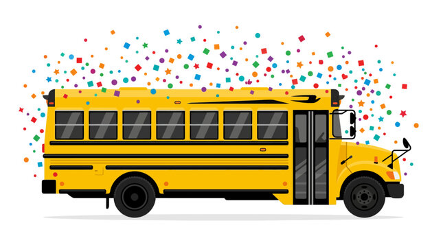 Classic yellow school bus with festive colorful confetti background.