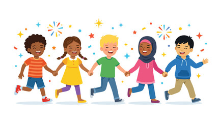 Fototapeta premium Diverse children holding hands walking with festive confetti.