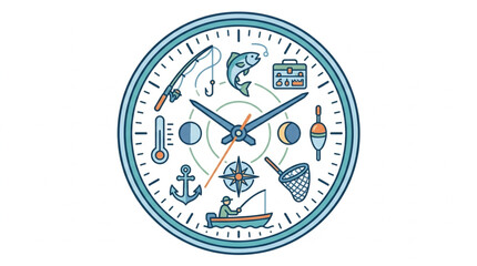 Fishing themed clock face with icons representing angling activities. © dip
