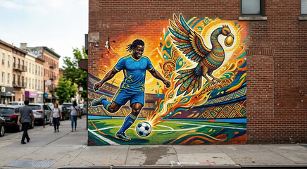Fototapeta premium Vibrant street art mural of a Black soccer player and Sankofa bird on a brick wall. Urban neighborhood public artwork. African cultural heritage and sports concept