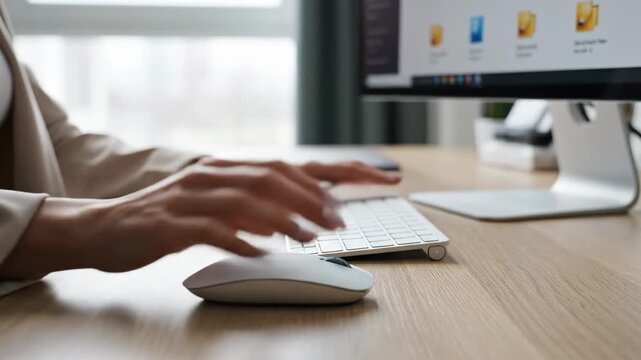 A woman's hands typing on a keyboard and clicking a computer mouse. A female professional working at a desk in a modern office. Business and technology concept