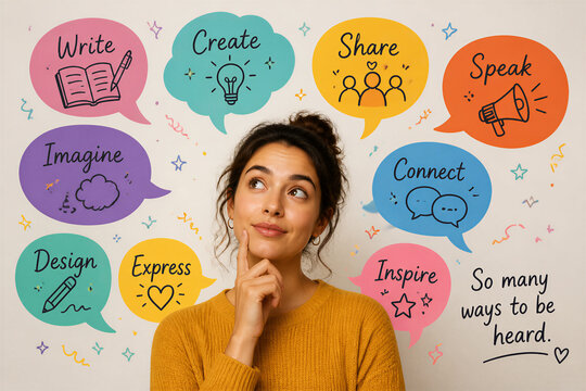 Young woman thinking with colorful idea bubbles on wall