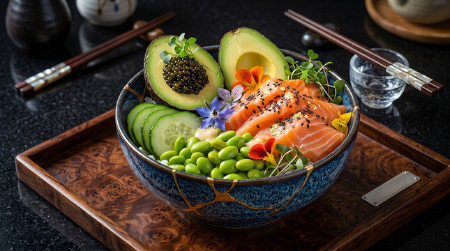 Gourmet Salmon Poke Bowl with Caviar Avocado and Edible Flower Garnish