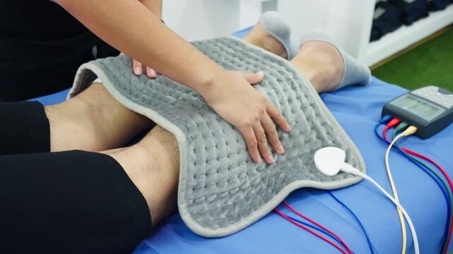 Physiotherapist applying thermotherapy with tens machine on patient's knees