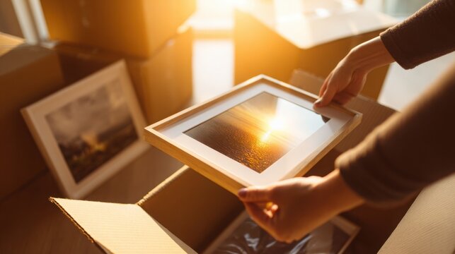 Close up of hands placing framed photograph into moving box, warm sunlight, emotional transition and new chapter concept, ultra realistic details