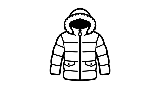 Simple black line drawing illustration of a puffy winter jacket with a hood