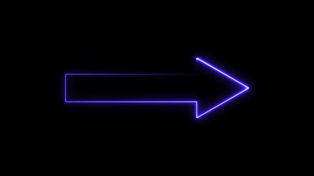 Glowing neon purple arrow sign pointing right, minimalist digital pointer animation on black background.