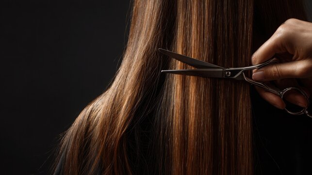 Close up of long lock of hair being cut by stylist scissors, minimal salon background, transformation and self renewal concept, ultra realistic