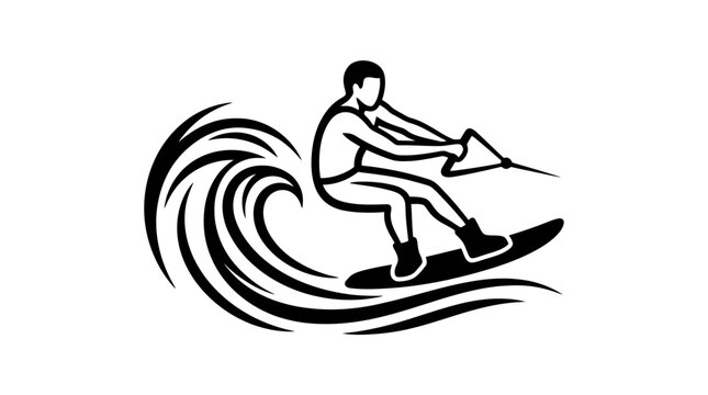 Black and white line drawing of a man kitesurfing on a wave