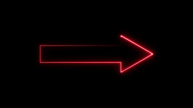 Neon red arrow sign glowing on black background, minimalist directional pointer animation for digital interface and motion.