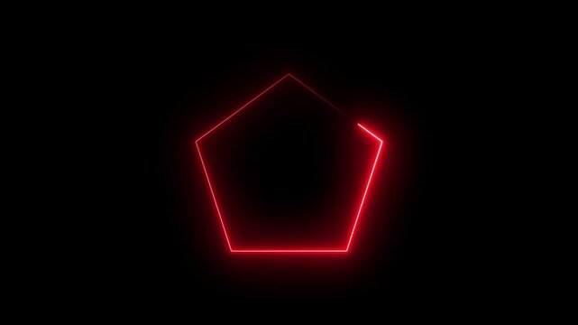 Glowing red neon pentagon frame with smooth pulsing light effect on black background, geometric shape