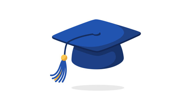 Blue graduation cap with tassel on white background.