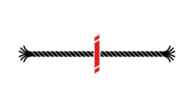 Abstract black and white striped rope with red center element on white background