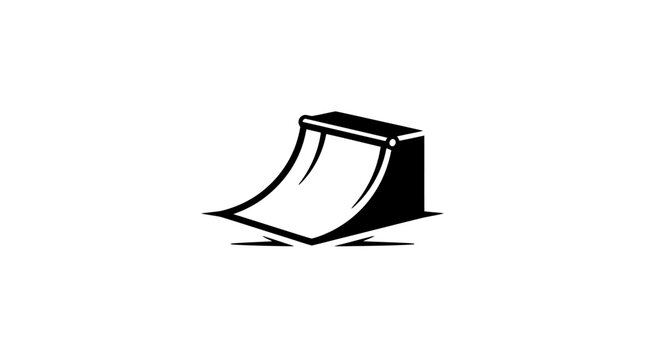 Simple black and white icon of a skateboard half pipe ramp with shadow