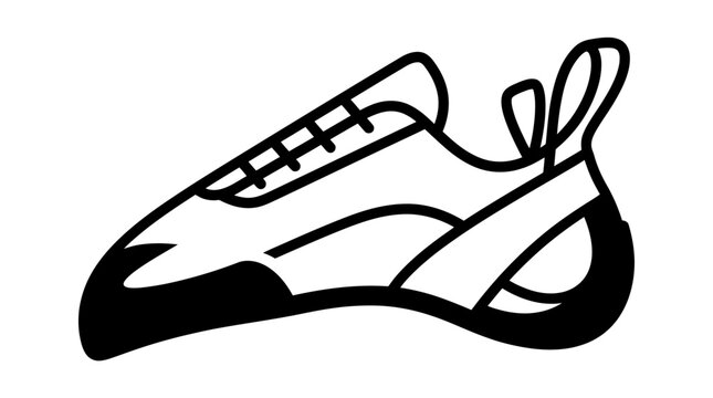 Black and white line drawing of a athletic shoe with laces and a pull tab
