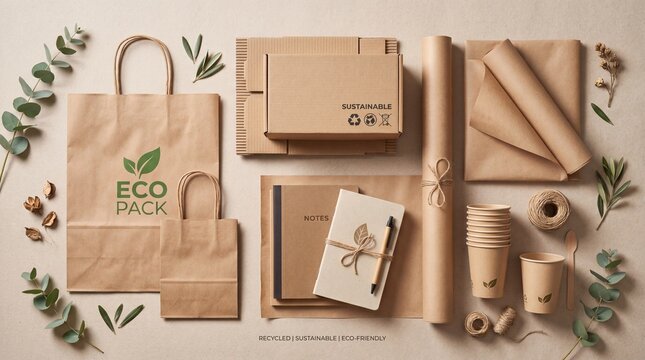 Sustainable eco pack branding mockup, brown kraft paper packaging set with shopping bags and boxes, recycled stationery and mailing supplies