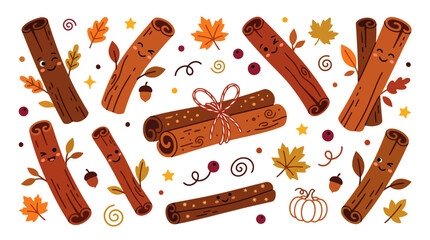 Seamless pattern of cute cinnamon sticks and autumn leaves. © edna