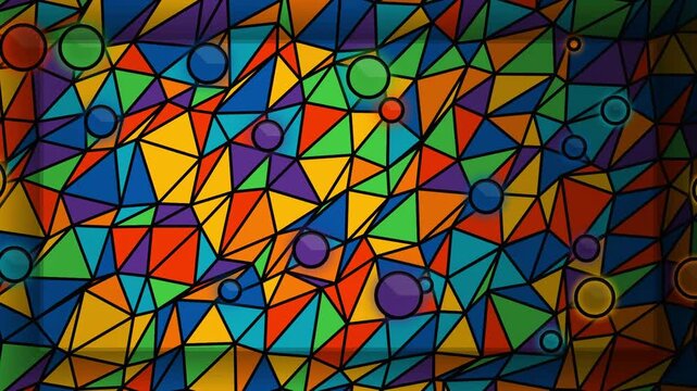 Abstract stained glass animation with moving colorful geometric triangles and floating circles