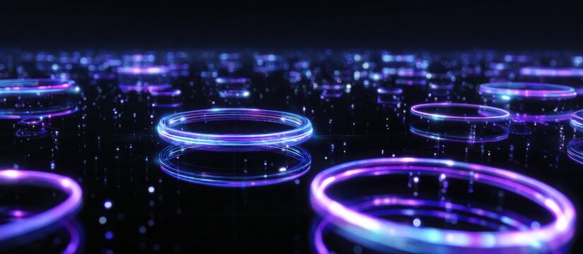 Floating holographic rings and circular interfaces suspended in dark space, vibrant blue and violet illumination, premium high tech presentation
