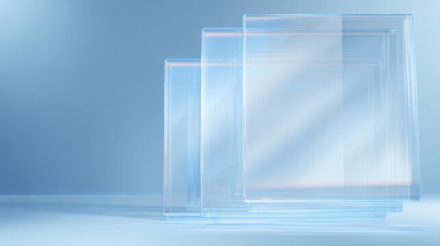 Floating liquid glass panels with soft translucent effects, futuristic operating system interface inspiration, pearl white and sky blue palette